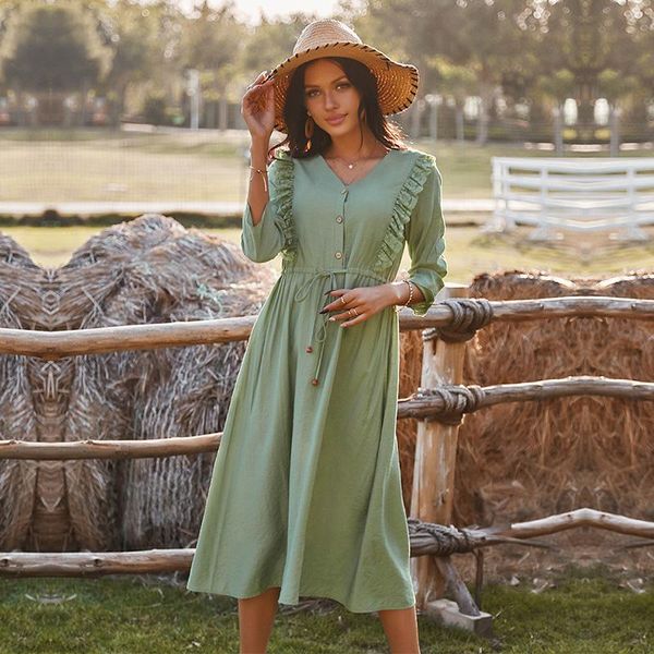 

casual dresses 2021 spring holiday style dress women v-neck solid color ruffles ladies slim lace up summer, Black;gray