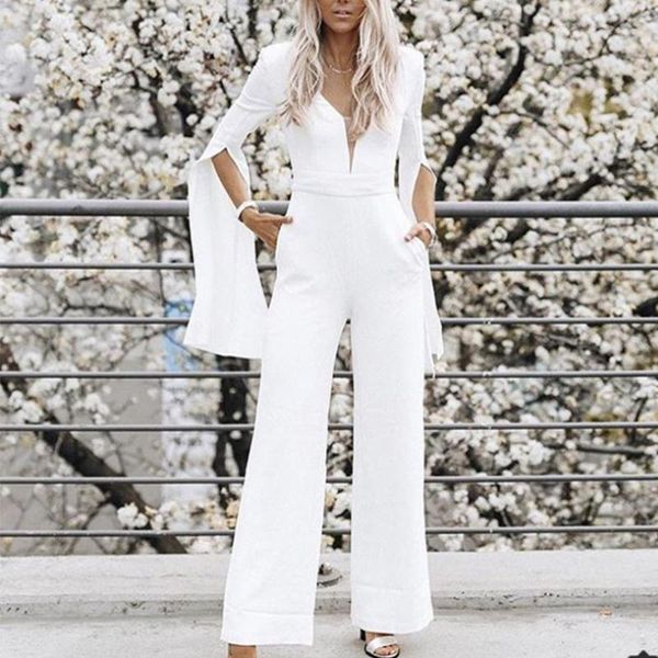 

women's jumpsuits & rompers v neck jumpsuit women opening long sleeve casual overalls office lady pants #3, Black;white