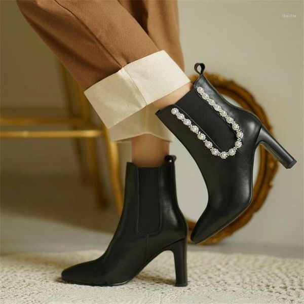 

boots vintage pearl chain square toe ladies high heel black frosted winter1
