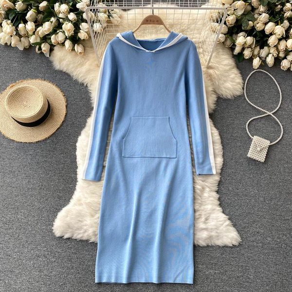 

casual dresses women loose hooded midi dress fashion long sleeve pocket knitting 2021 autumn streetwear female clothing, Black;gray