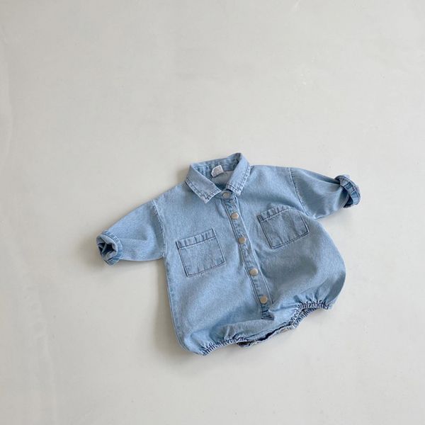 Frühling Neue Stil Infant Neugeborenes Baby Weiche Jeans Bodysuit Kleinkind Junge Mädchen Langarm Solide Bodysuits Kinder Denim Kleidung 210413