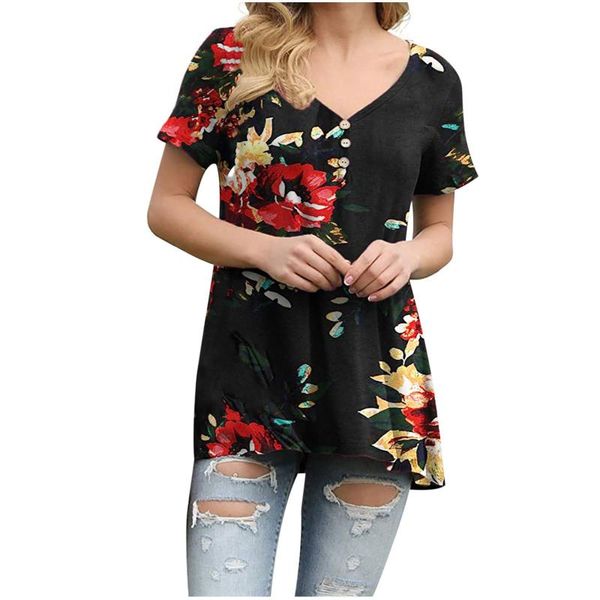 

plant flowers printed tshirts poleras mujer de moda 2021 women casual v-neck button short-sleeved working women's t-shirt, White