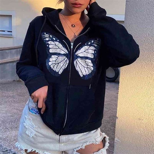 Kawaii Butterfly Graphic Cotton Black Y2K Felpe con cappuccio oversize Donna Felpe con zip a maniche lunghe Streetwear Top grigio Autunno 210813