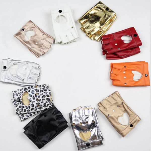 

five fingers gloves 1pair women punk short pu lether hollow heart half finger fingerless fashion leopard lady dance performance, Blue;gray