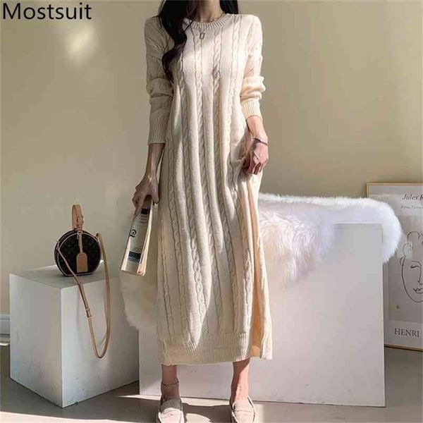 

twisted knitted korean women long dress autumn winter full sleeve o-neck loose waist straight dresses fashion ladies vestid 210513, Black;gray