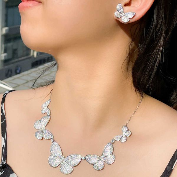 

cwwzircons micro pave cubic zirconia chic big butterfly costume necklace and earrings luxury designer jewelry set for women t552 h1022, Silver