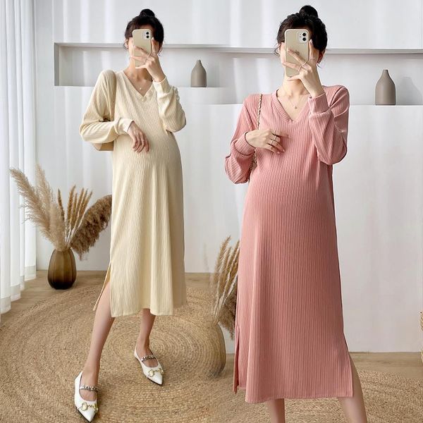 

maternity dresses 5012# clothes spring autumn knitted long sleeves v neck loose midi stylish dress pregnant women mom, White