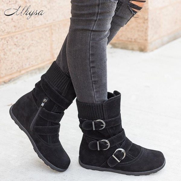 

boots 2021 winter women's shoes fashion buckle side pull flat warm low ankle for women, Black