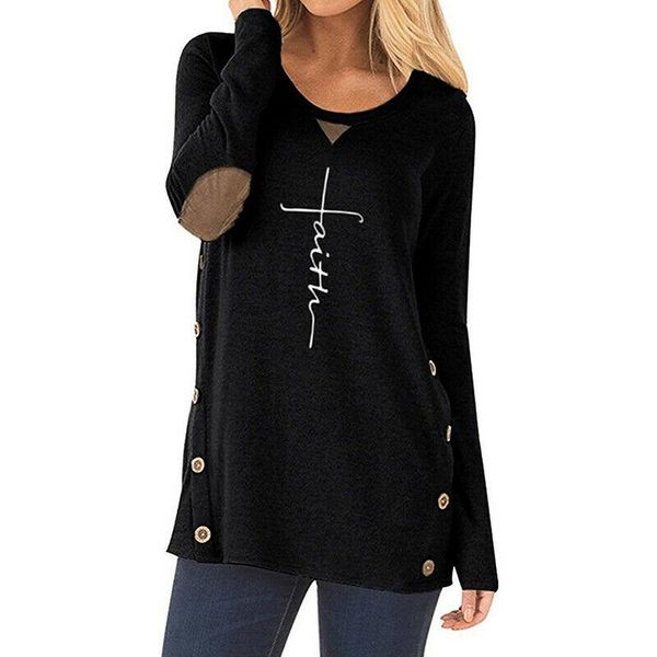 

women's t-shirt goocheer womens faith printed elbow patch o-neck sweatshirt jumper pullover tunic loose t-shirts, White