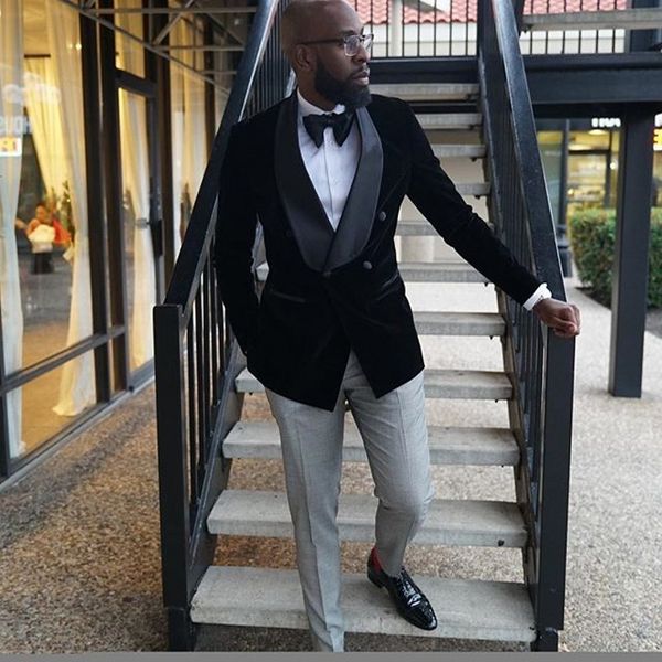 

men's suits & blazers style men black and light grey groom tuxedos shawl lapel groomsmen wedding man 2 pieces ( jacket + pants +ti, White;black
