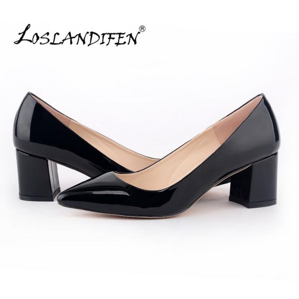 

dress shoes loslandifen high heel thick square ladies office black pumps low casual leather boat for women0689-1pa