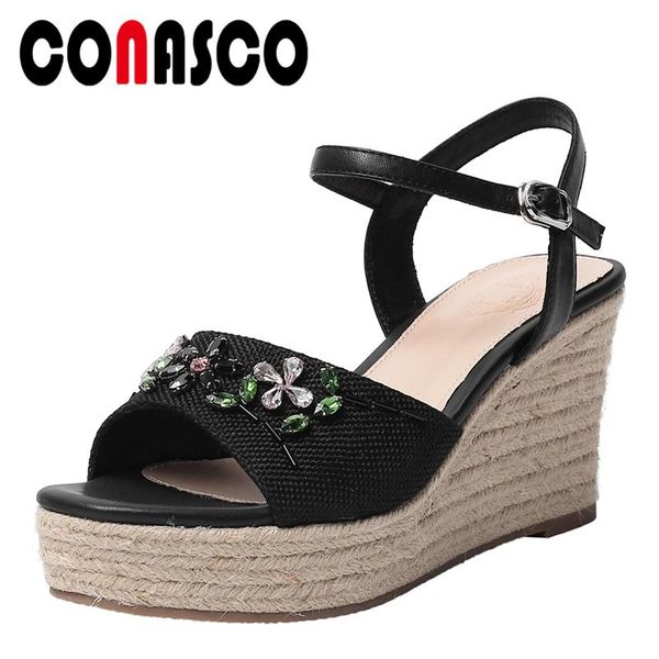 

summer arrival women sandals fashion retro crystal appliques casual wedding wedges heels platforms shoes woman, Black
