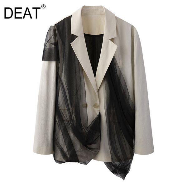 

women khaki patchwork gauze single button blazer notched long sleeve loose fit jacket fashion tide summer 7e0838 210421, White;black
