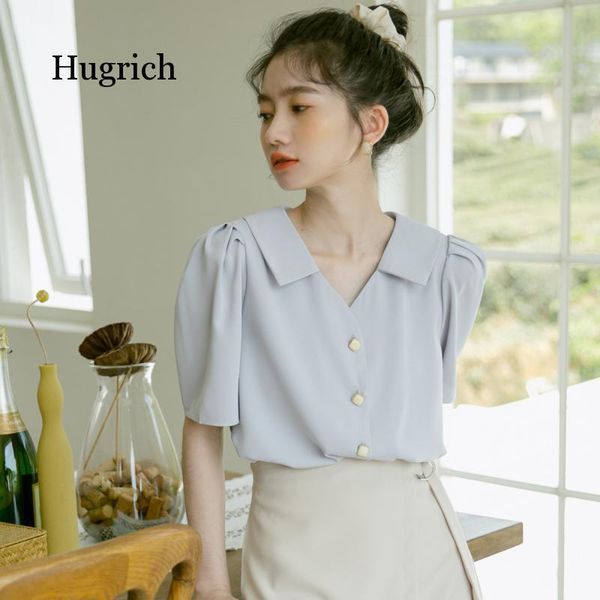 

women's blouses & shirts 2021 summer french v-neck girl's short sleeve chiffon solid color causal office daily wear for girl, White