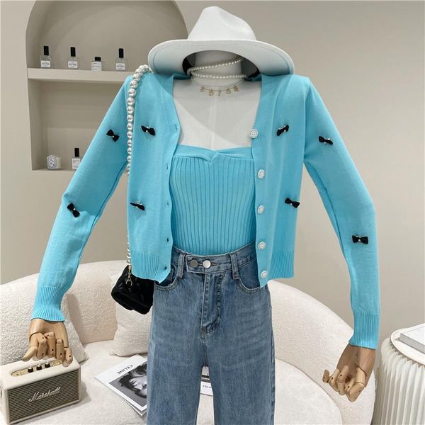

women's knits & tees spring summer 2021 fashion slim sling single breasted bow knitted cardigan, White