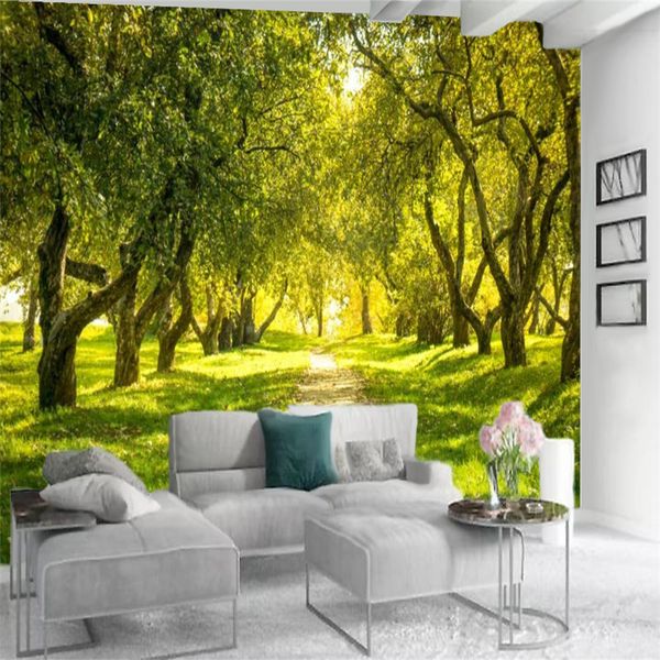 Papel de parede verde do cenário 3D Caminho verde-alinhado com linda paisagem sala de estar quarto decoração de casa pintura mural papéis de parede papéis de parede