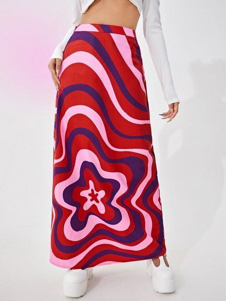 

high waisted floral print skirt t88x#, Black