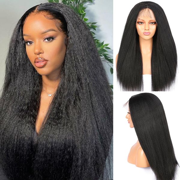 

kinky straight natural color synthetic lace front wig for black women with baby hair heat temperature, Black;brown