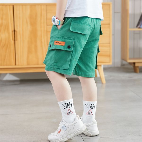 Yaz Erkek Pamuk Kısa Pantolon Moda Çocuk Elastik Bel Kargo Yeşil Yürüyor Çocuk Spor Şort Büyük Cepler Giysiler 210622