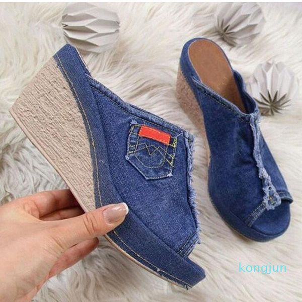 

designer- women sandals wedges shoes for women casual fashion black blue female high heels slides fish mouth denim flip flop
