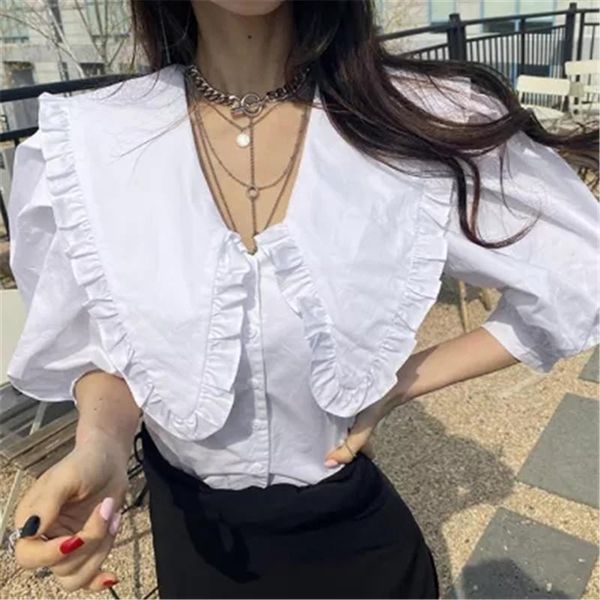 

women's blouses & shirts korean style summer sweet big lapel sleeve shirt, White