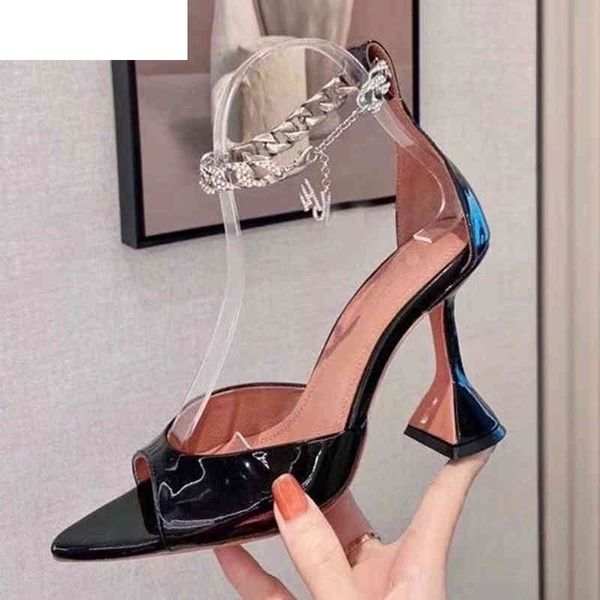 

sandals 2021 summer peep toe cup high heel sandals women one metal chain decor pumps rhinestone party sandal stilettos sandal, Black