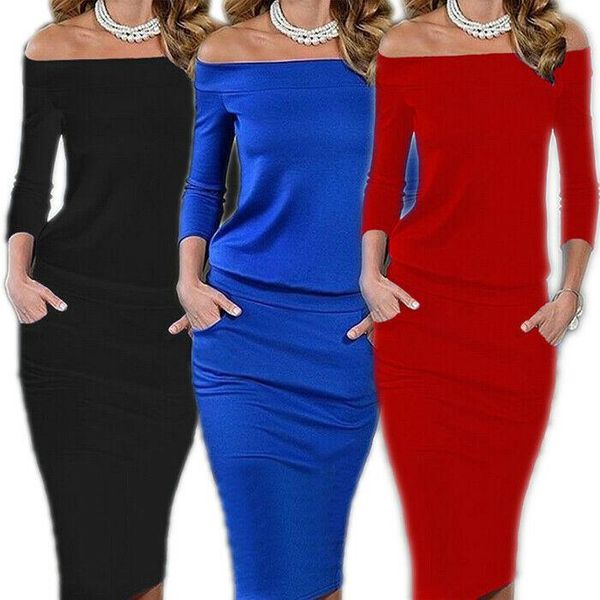 

s-xl fashion womens ladies long sleeve off the shoulder dress bodycon party evening slim pencil midi club casual dresses, Black;gray