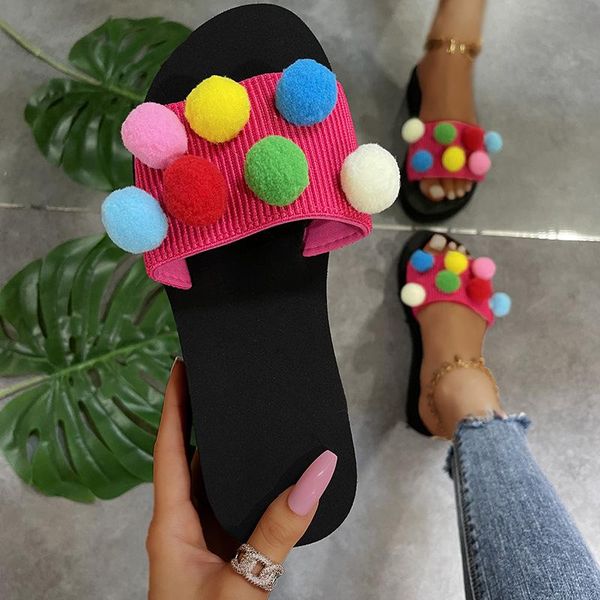 

sandals summer thick-soled candy-colored hair ball one word outer wear large size slippers women indoor outdoor, Black