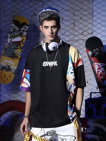 

men geo & slogan graphic drop shoulder tee g1bc#, White;black