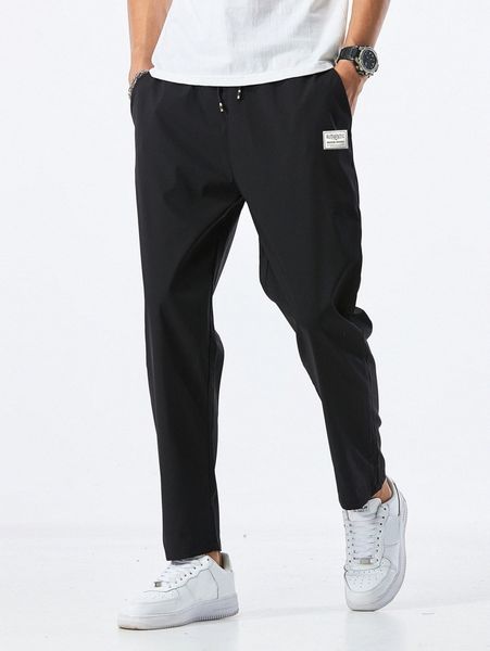 

men letter patched drawstring pants c033#, Black