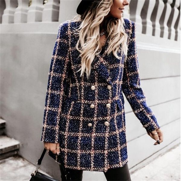 

women's wool & blends coat winter women 2021 lattice turndown collar long sleeve overcoat plaid pocket double breasted woolen knitted f, Black