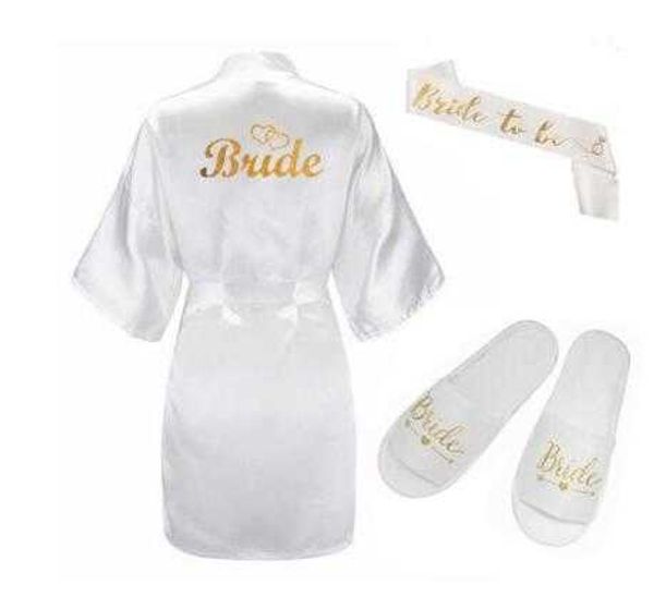 3 pc Conjunto de Brilho De Glitter Noiva Cetim Curto Robe Chinelos Bridal Sash Peignoir Mulheres Bridal Party Kimono 210924