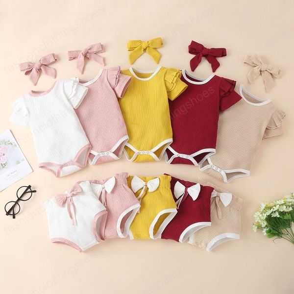 

summer baby ribbed clothing set short sleeved romper bow shorts with headbands 3pcs/set newborn infant toddler article pit outfits, White