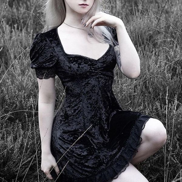 

casual dresses vintage dark black dress velvet mall goth y2k square collar puff sleeve lace patchwork high waist party, Black;gray