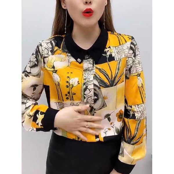 

women spring autumn style elegant blouses shirts lady casual long sleeve peter pan collar printed blusas df3959 210609, White