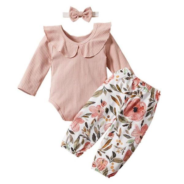 

clothing sets 0-24m high-quality fashionable lotus leaf collar children set infant baby girls solid frill romper+floral print pants+headband, White