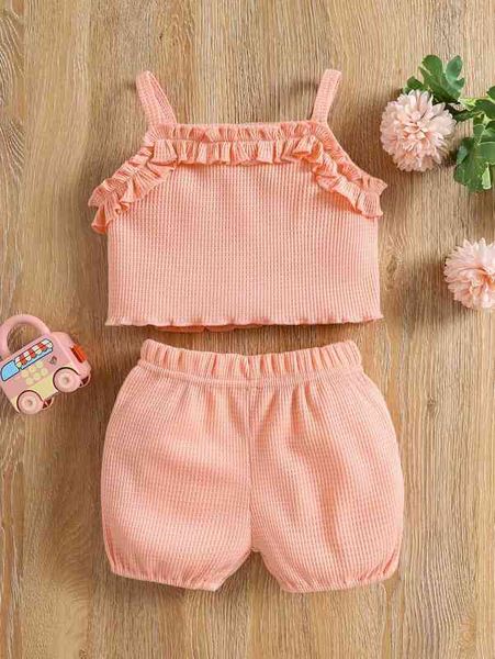 

baby ruffle trim waffle knit cami & shorts she, White