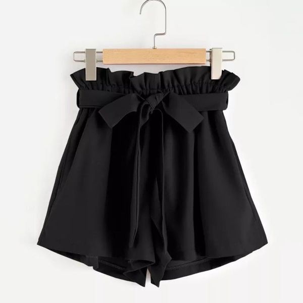 

gym clothing elegant ruffle shorts women summer retro solid casual fit elastic waist pocket running with string denim color, White;black