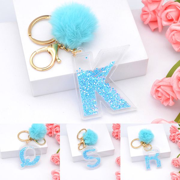 

fashion letter pompon crystal arylic liquid black keychain women key chains ring car bag tassels pendent charm gift accessory, Silver
