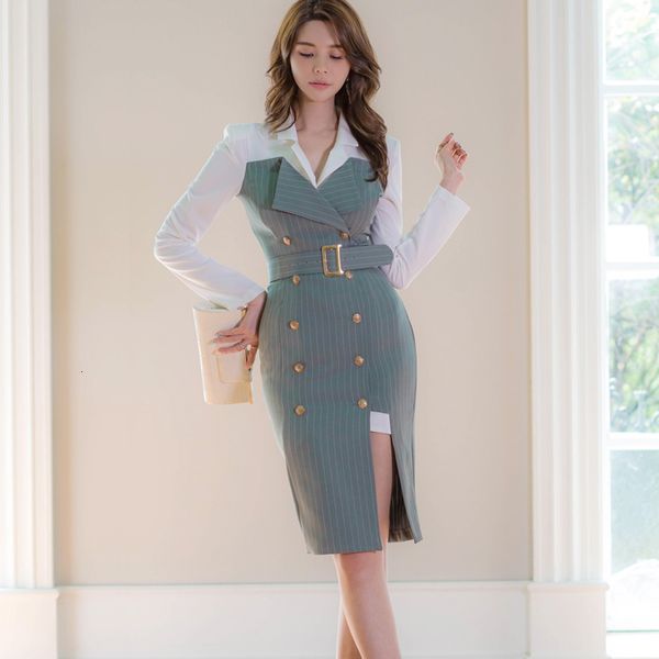 

casual dresses autumn winter women office es notched lapel splicing stripes ladies slim tight knee-length double-breasted pencil 4, Black;gray