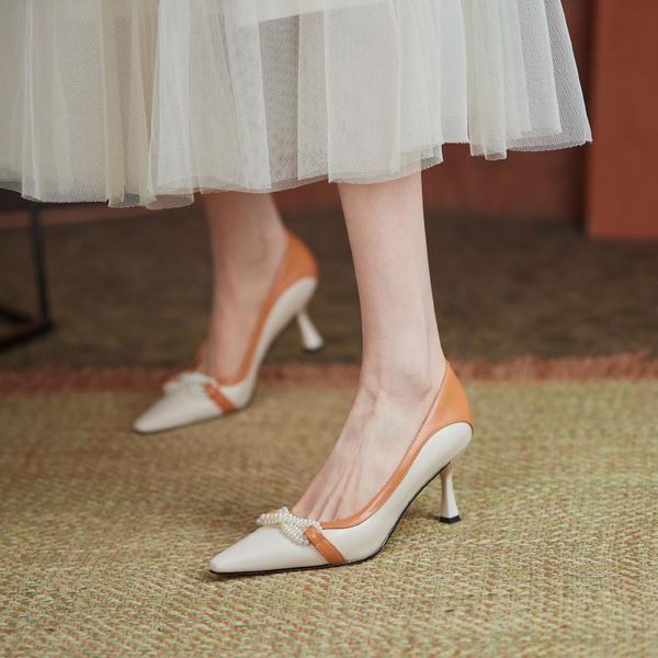 

women shoes natural leather pumps pointed toe high heels full inside and outside two-color stitching pearl decoration dress, Black