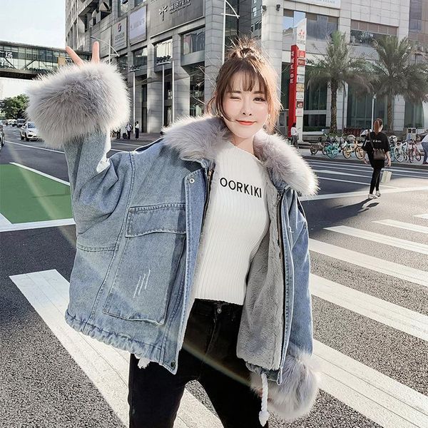 

women's down & parkas 2021 winter korean detachable large wool collar denim cotton clothes women's casual loose thickened coat, Black
