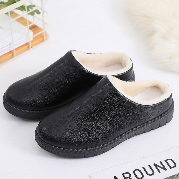 

slippers women winter home leather waterproof antiskate female shoes mens plush warm indoor for big size 42, Black
