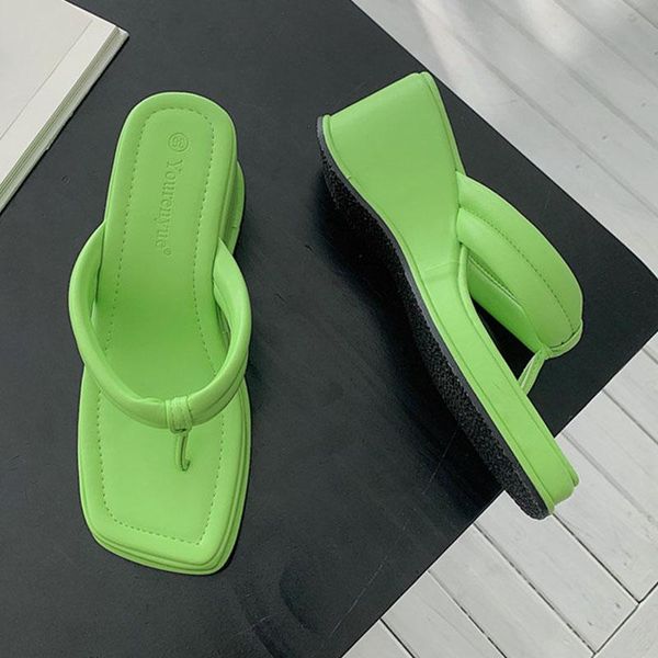 

slippers 2021 summer women wedges slipper outdoor square toe sandal shoes ladies high heel slides flip flop female mujer, Black