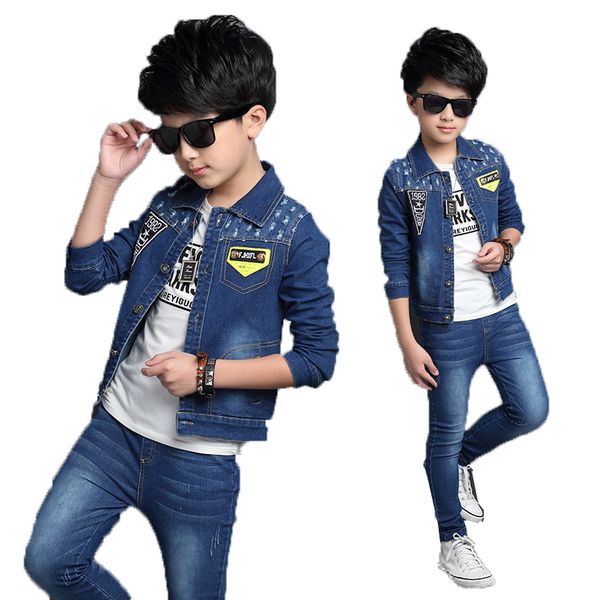 

spring & autumn cowboy boy sets new 2021 korean version fashion denim jacket two-piece handsome punch hole childrens clothing, White