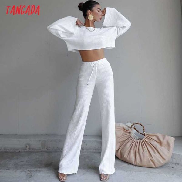 

tangada women's sets white crop strethy knit wide leg set suit 2 piece set shirt and pant 2a07 210609