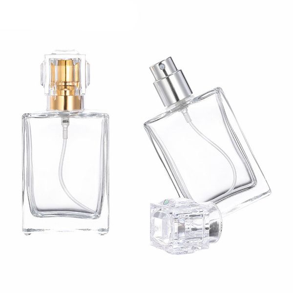 30ml / 1 oz. Frasco de perfume recarregável claro, frasco de perfume de vidro vazio quadrado portátil com aplicador de spray