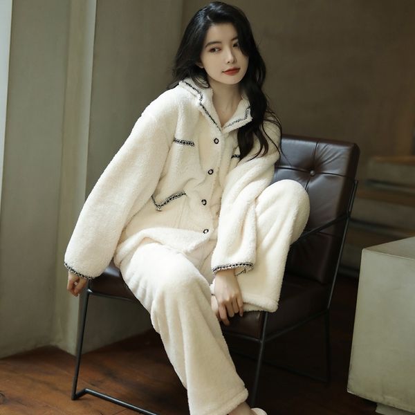 

pajamas female autumn and winter thickened flannel small fragrance light luxury net red can wear coral velvet home clothes live broadcast, White;black