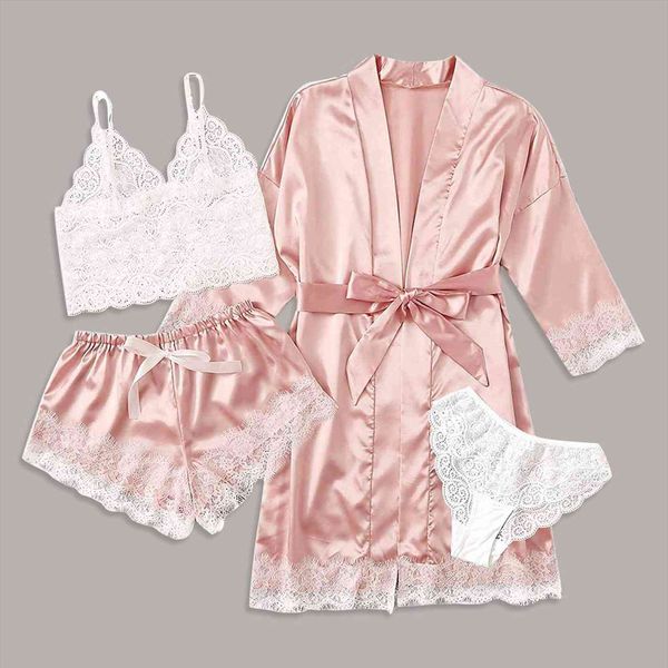 

4 piece silk satin pajamas women sleepwear garter lingerie set robes lace bodysuit deep v neck underwear 20, Black;red