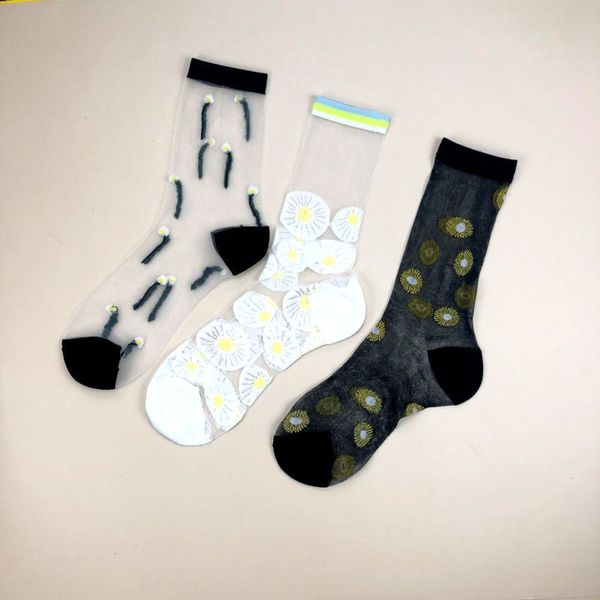 

summer japanese flower transparent short socks women hollow out thin harajuku cute hipster cool girls sox, Black;white
